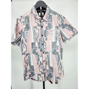 7Diamonds Mens Small Short Sleeve Button Up Shirt Pink Abstract Pineapple Print